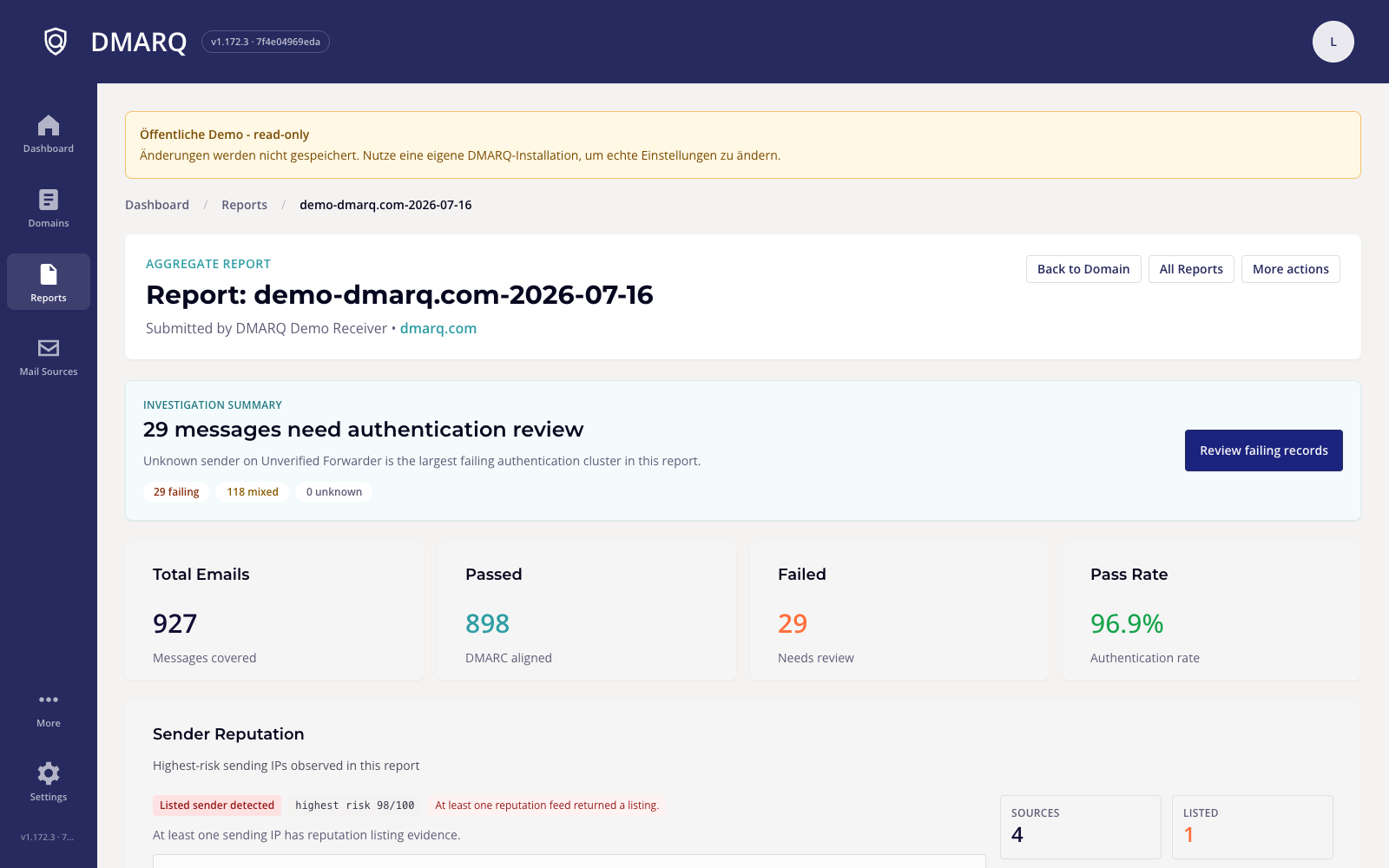DMARQ aggregate report analysis showing failed messages, DMARC pass rate, sender reputation, and the next investigation action